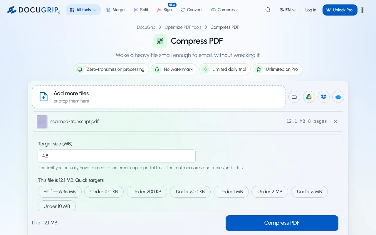 DocuGrip’s Compress PDF tool with a 12.1 MB scanned transcript and a target size of 4.8 MB